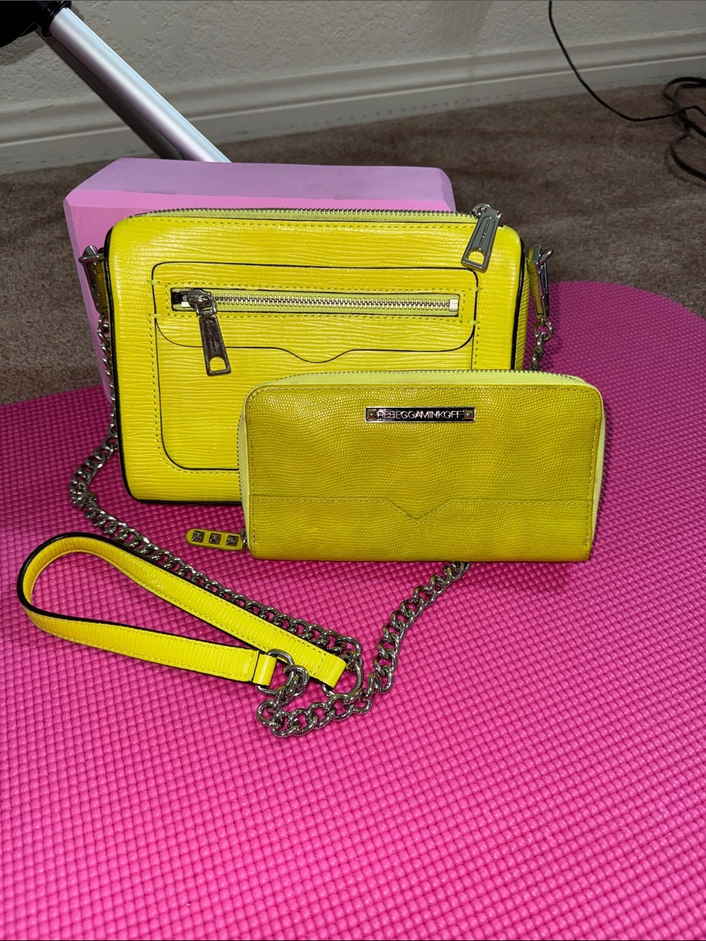 Rebecca Minkoff Neon Yellow Crossbody with Silver Chain with a Wallet